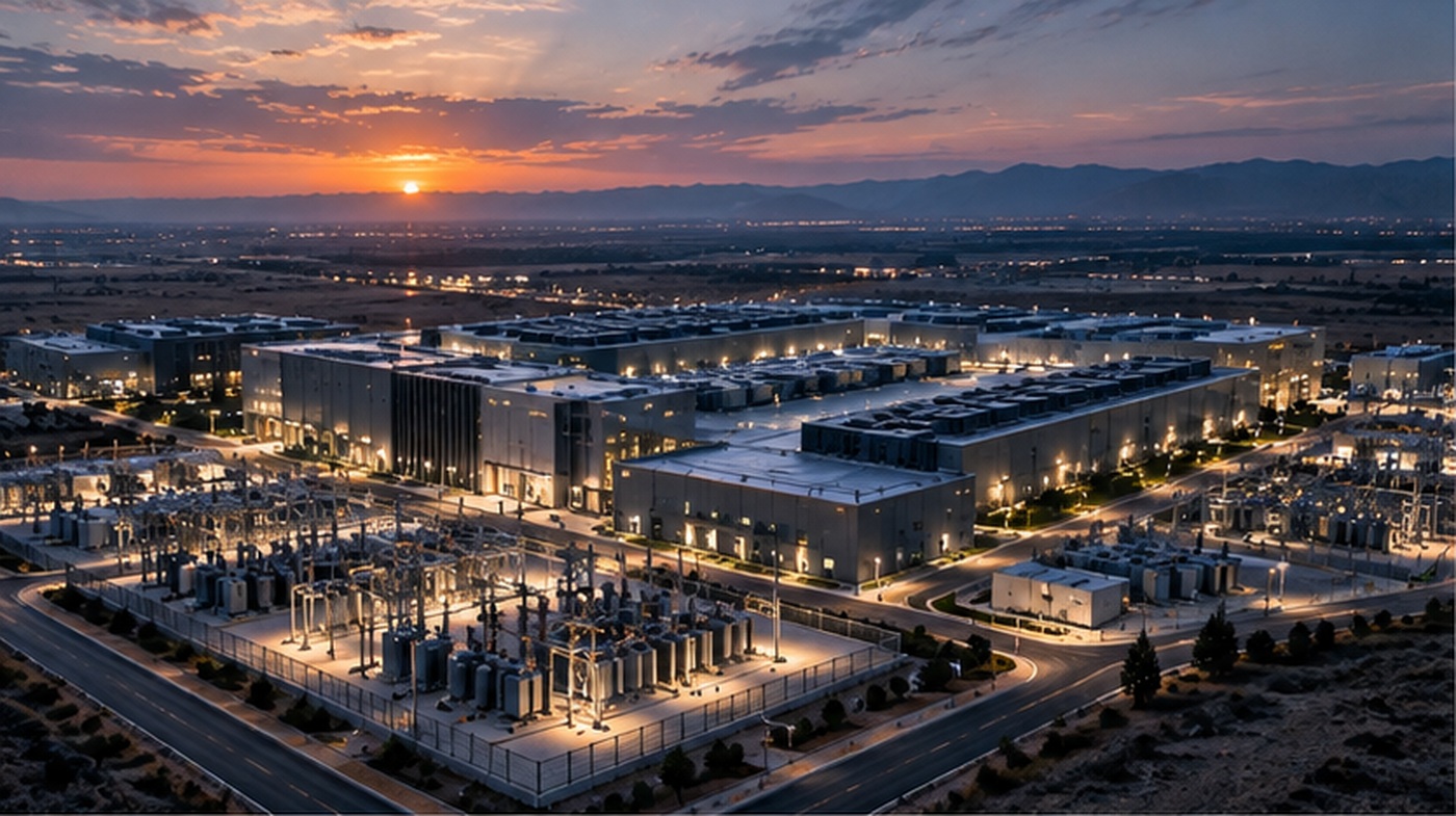 Hyperscale data center campus at dusk